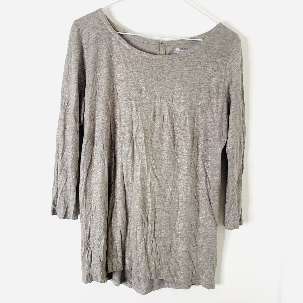 Majestic Filatures Silk Linen Deluxe Tee Sweater Silver Grey Button Back Shimmer